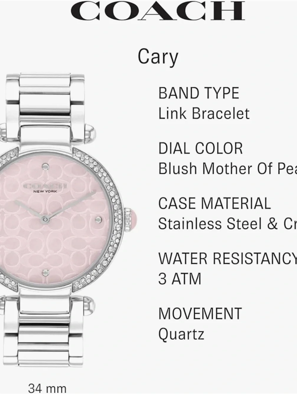 Coach Silver Bracelet Watch with Pale Pink Logo Dial